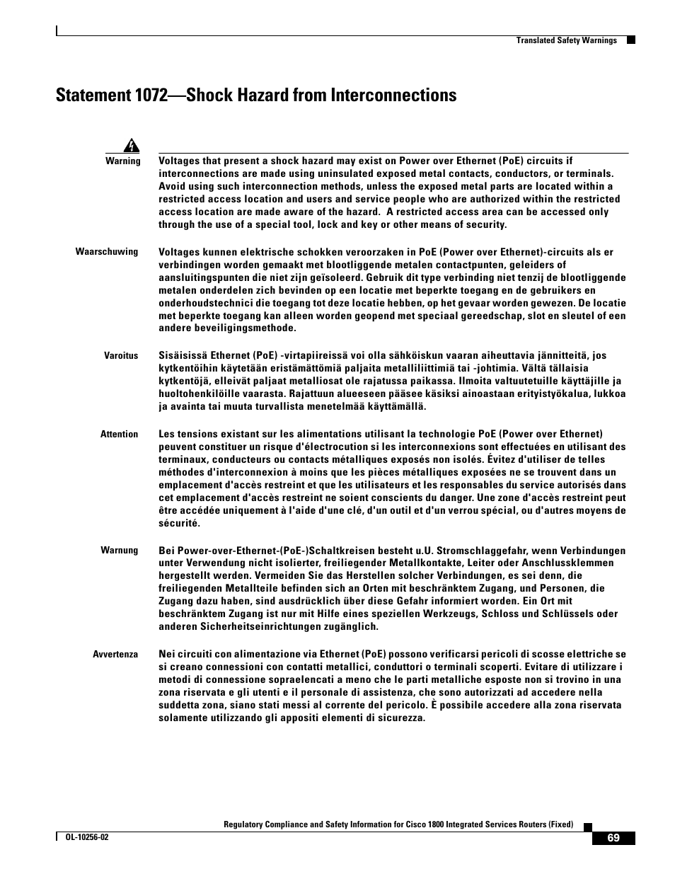 Statement 1072-shock hazard from interconnections, Statement 1072—shock hazard from interconnections | Cisco 1800 User Manual | Page 69 / 74