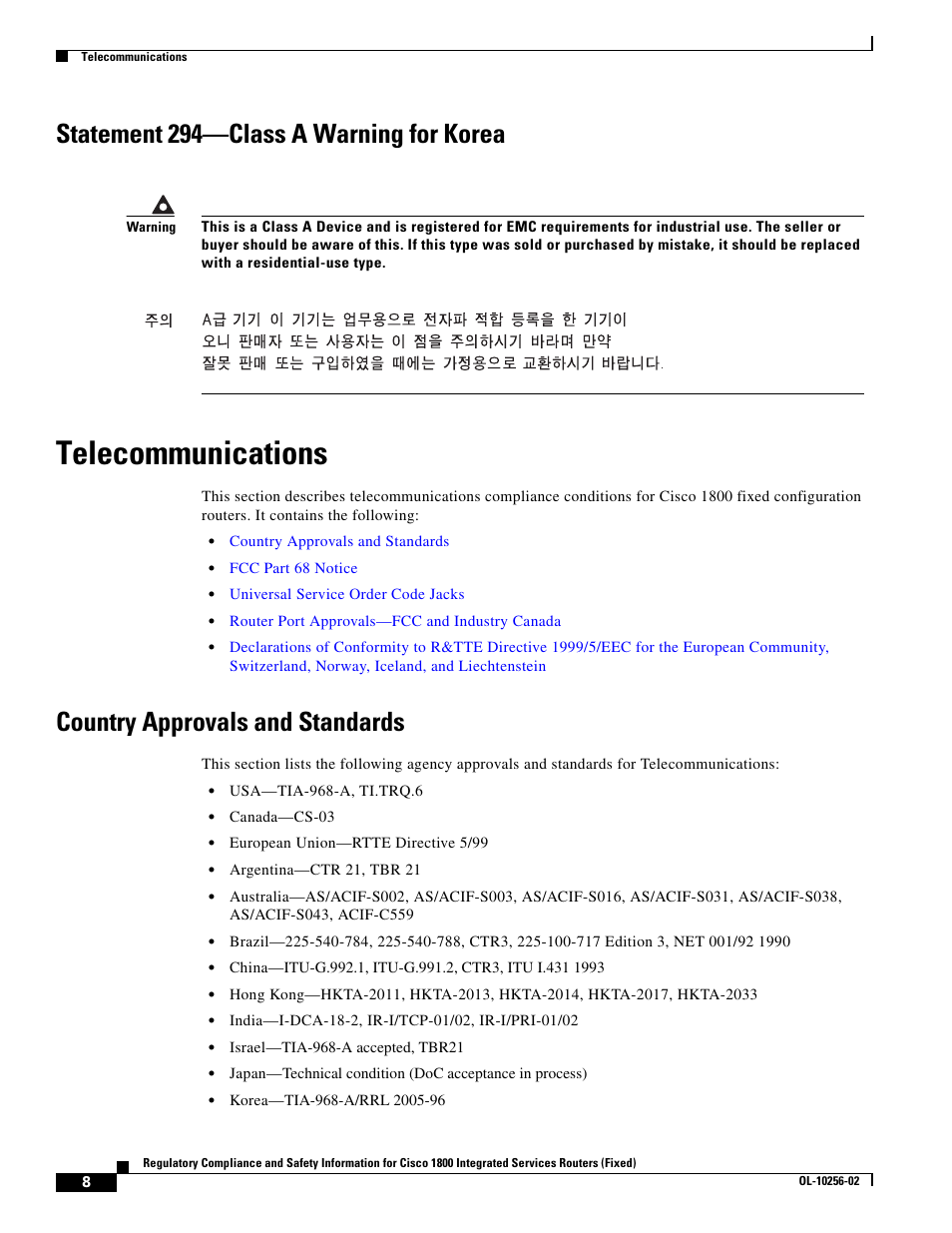 Statement 294-class a warning for korea, Telecommunications, Country approvals and standards | Statement 294—class a warning for korea | Cisco 1800 User Manual | Page 8 / 74