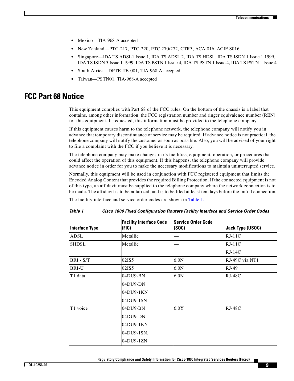 Fcc part 68 notice | Cisco 1800 User Manual | Page 9 / 74