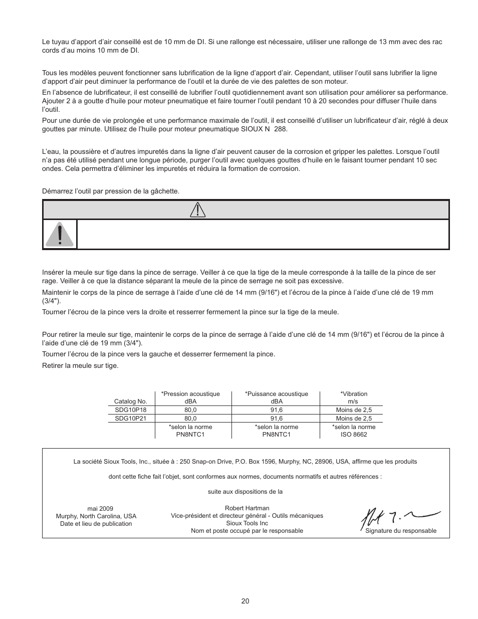 Avertissement | Sioux Tools SDG10P User Manual | Page 20 / 31