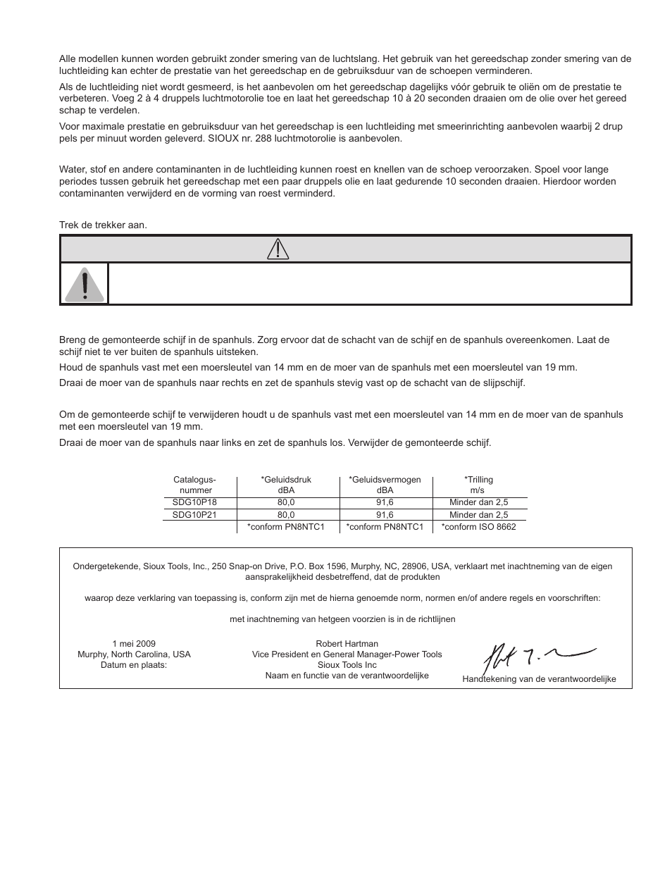 Opgepast | Sioux Tools SDG10P User Manual | Page 24 / 31