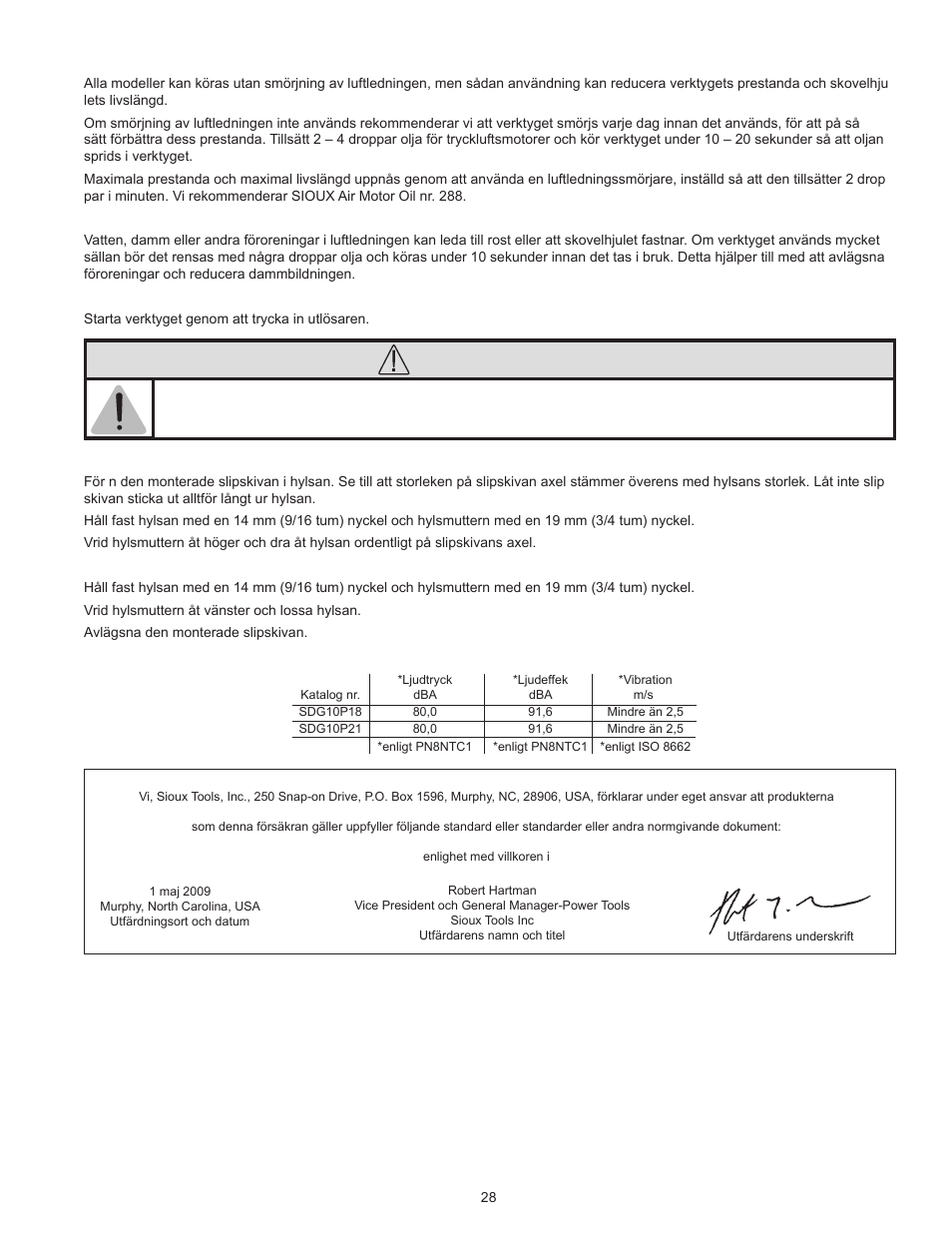 Varning | Sioux Tools SDG10P User Manual | Page 28 / 31