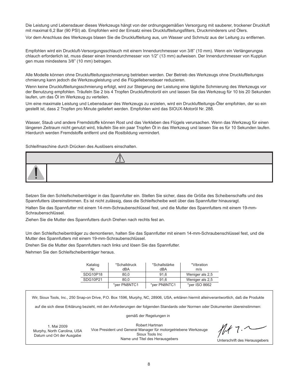 Warnung | Sioux Tools SDG10P User Manual | Page 8 / 31
