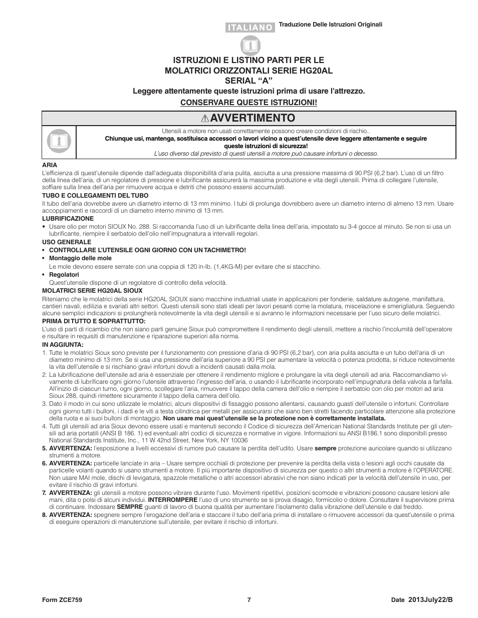 Avvertimento | Sioux Tools HG20AL User Manual | Page 7 / 16