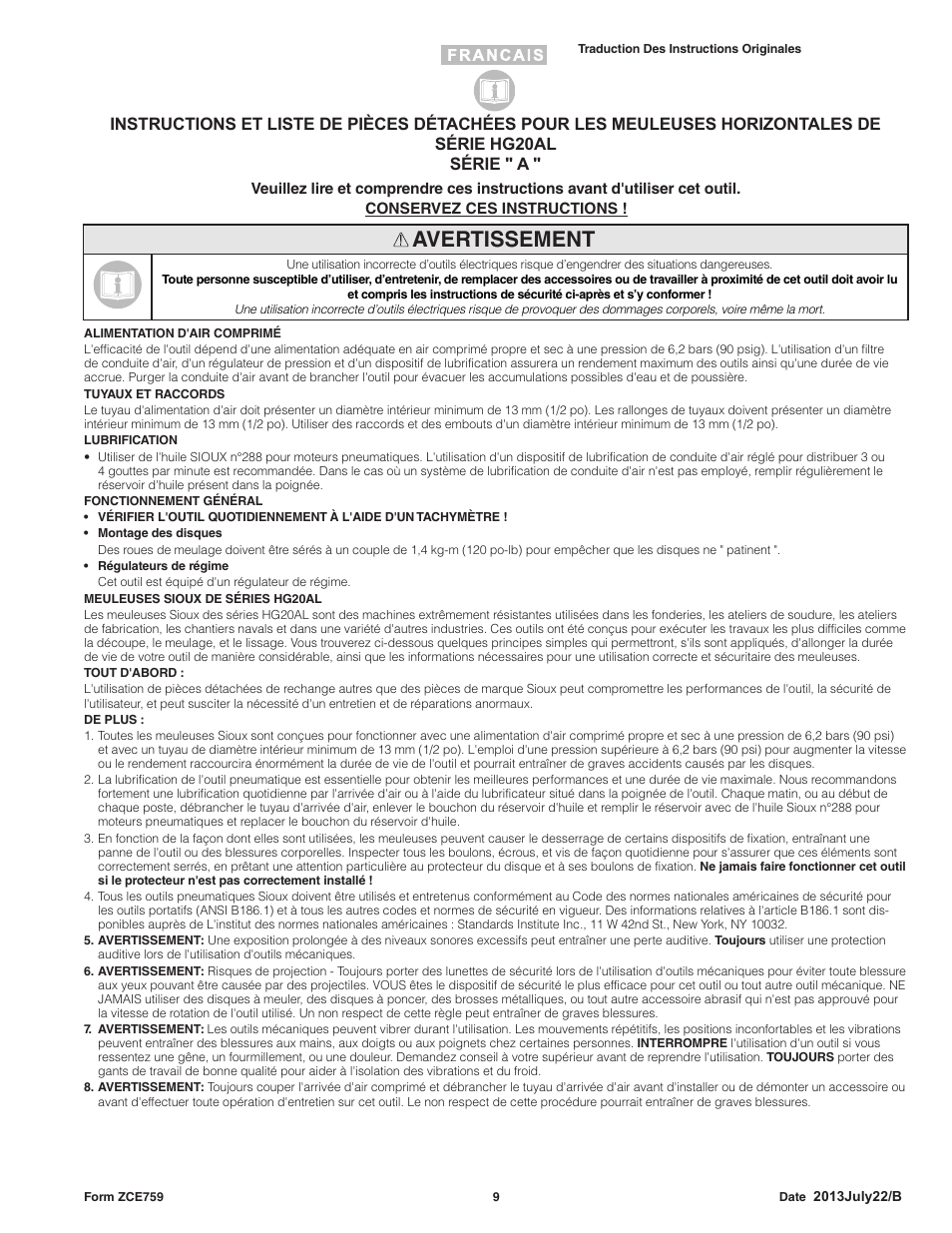 Avertissement | Sioux Tools HG20AL User Manual | Page 9 / 16