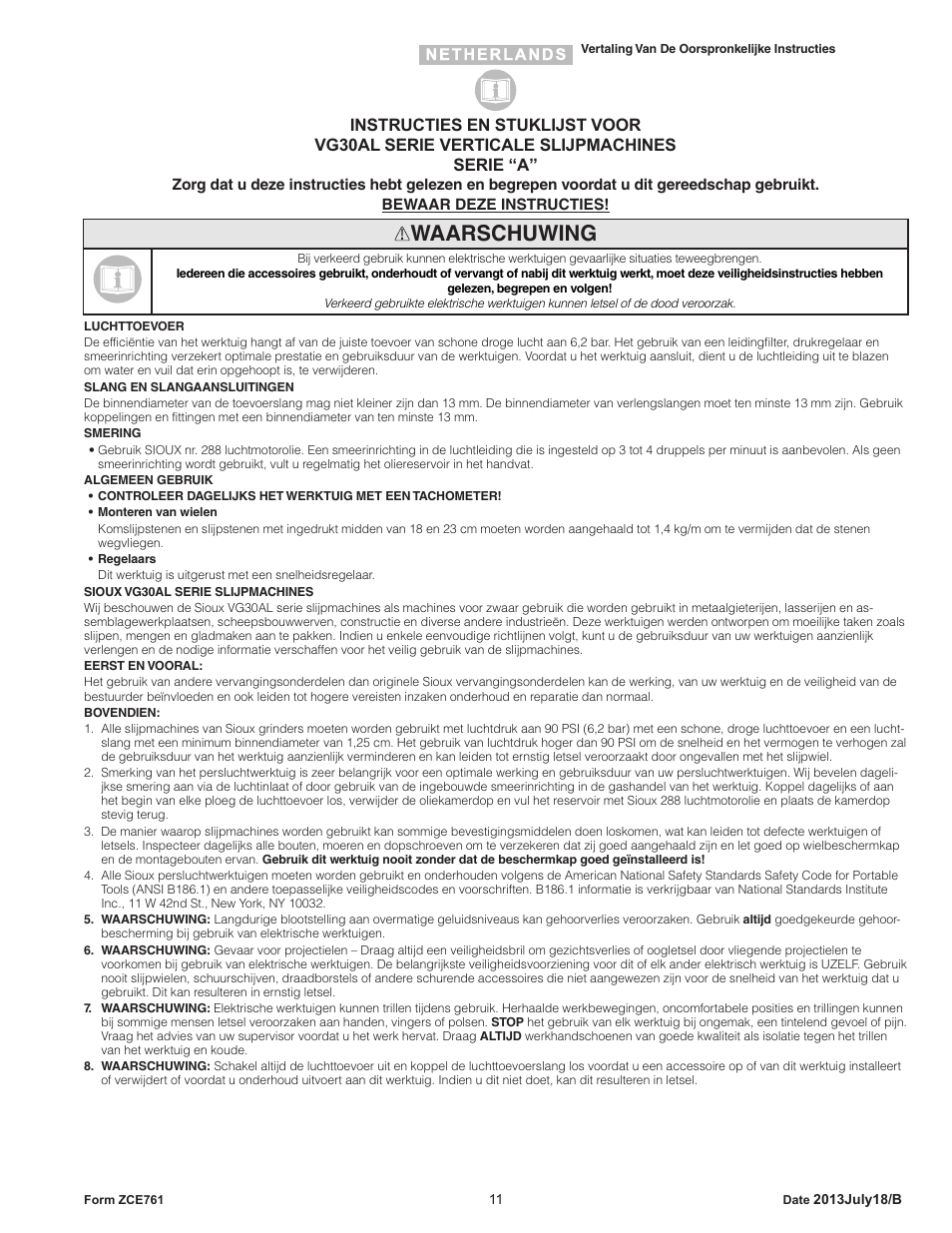 Waarschuwing | Sioux Tools VG30AL User Manual | Page 11 / 16