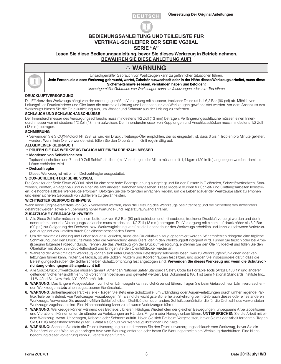 Warnung | Sioux Tools VG30AL User Manual | Page 3 / 16