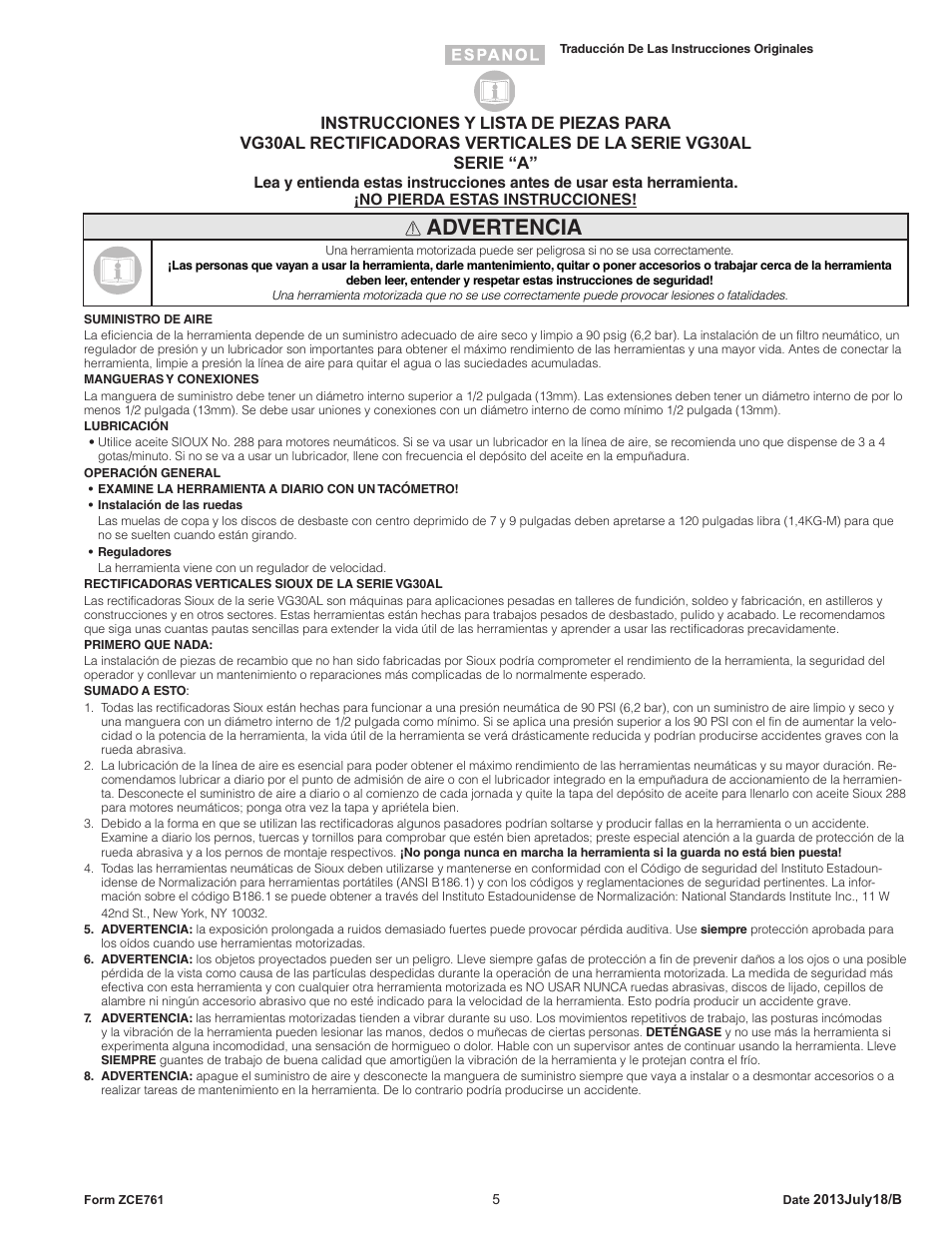 Advertencia | Sioux Tools VG30AL User Manual | Page 5 / 16