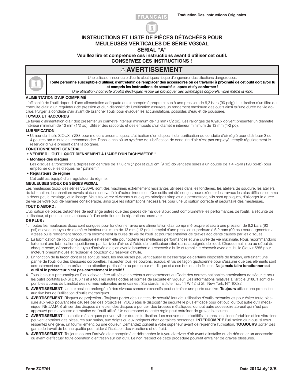 Avertissement | Sioux Tools VG30AL User Manual | Page 9 / 16