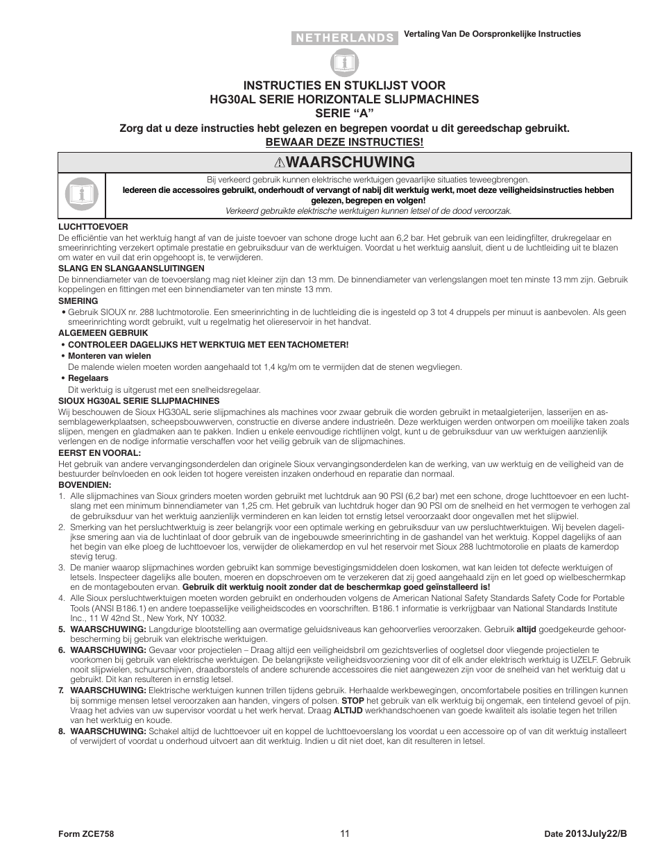 Waarschuwing | Sioux Tools HG30AL User Manual | Page 11 / 16