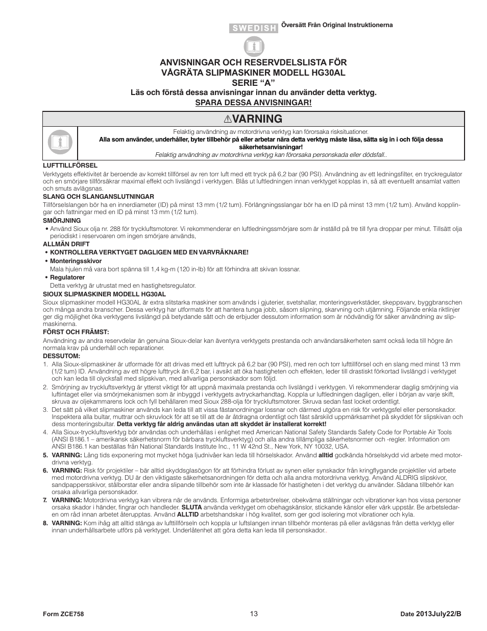 Varning | Sioux Tools HG30AL User Manual | Page 13 / 16