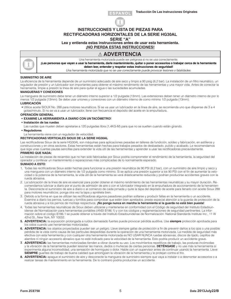 Advertencia | Sioux Tools HG30AL User Manual | Page 5 / 16