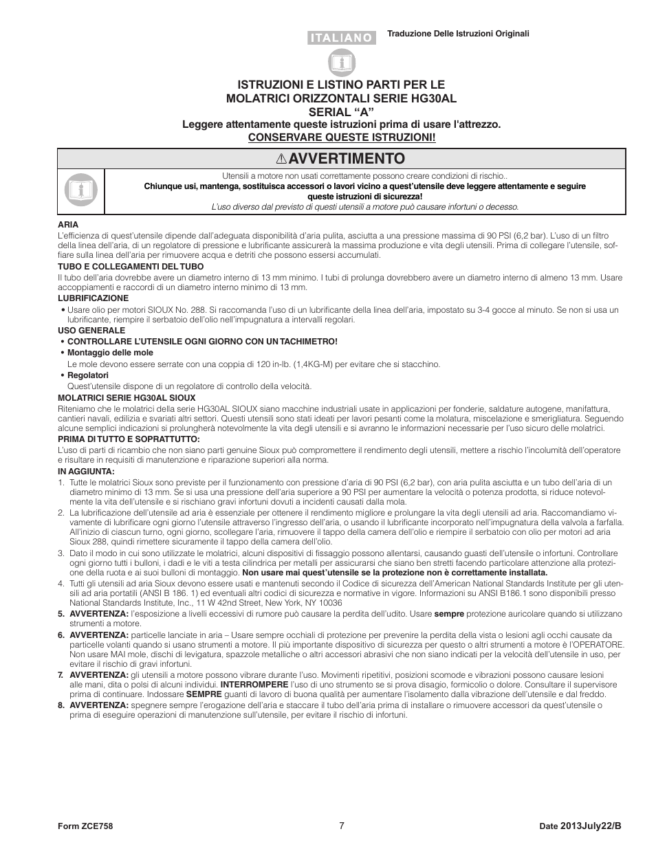 Avvertimento | Sioux Tools HG30AL User Manual | Page 7 / 16