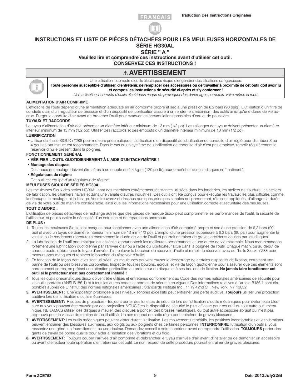 Avertissement | Sioux Tools HG30AL User Manual | Page 9 / 16