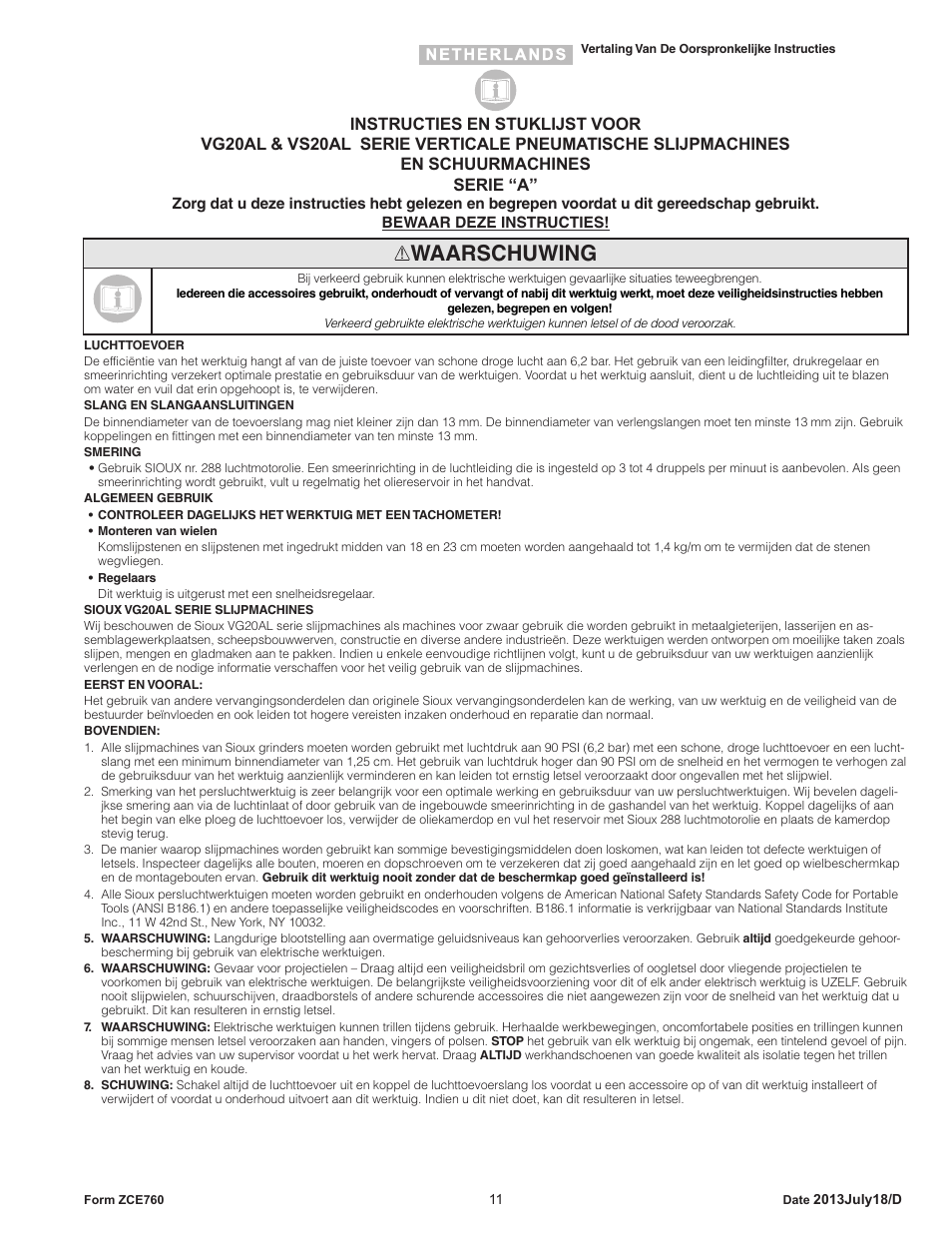 Waarschuwing | Sioux Tools VS20AL User Manual | Page 11 / 16