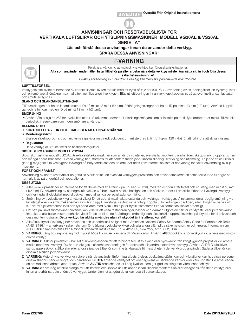 Varning | Sioux Tools VS20AL User Manual | Page 13 / 16
