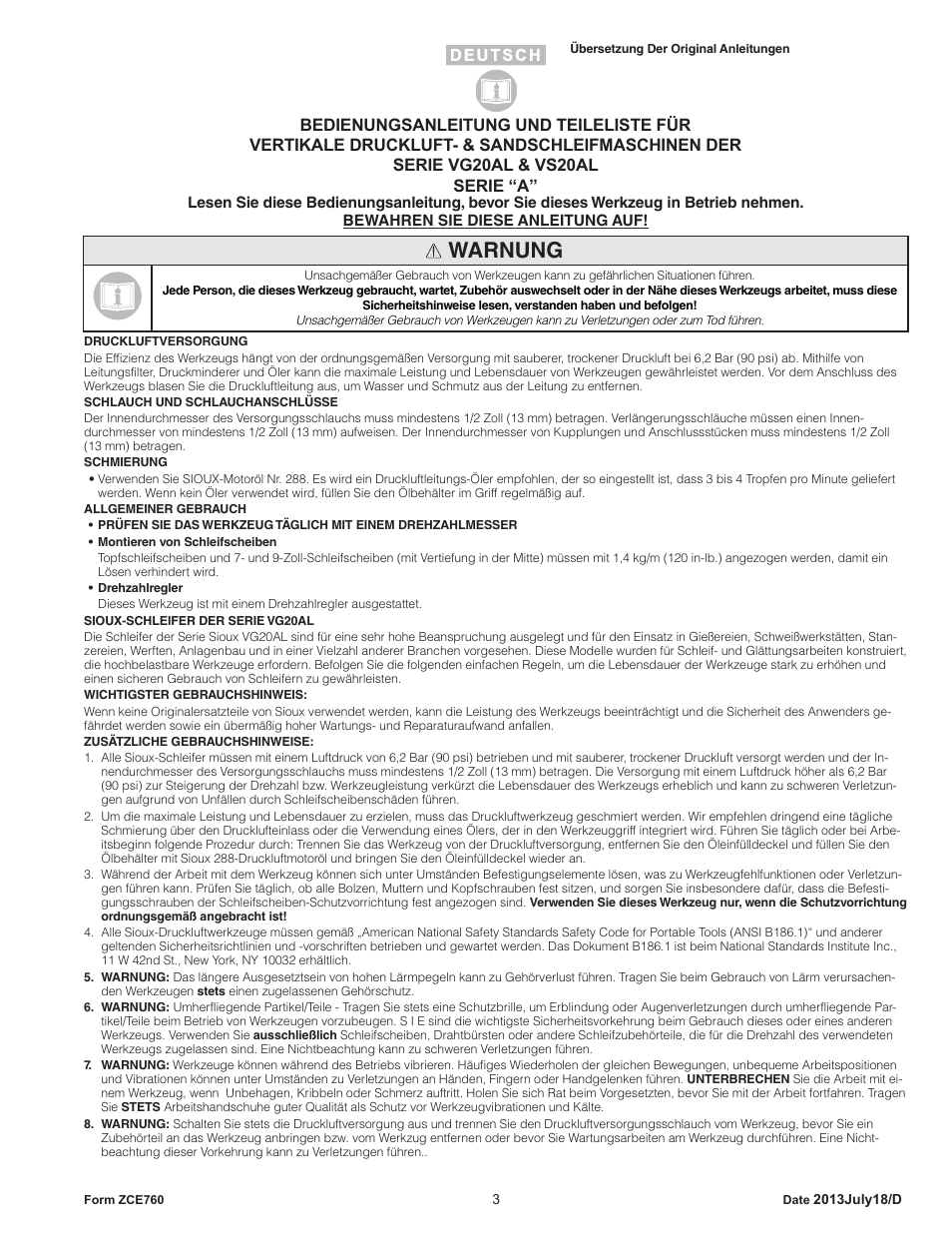 Warnung | Sioux Tools VS20AL User Manual | Page 3 / 16