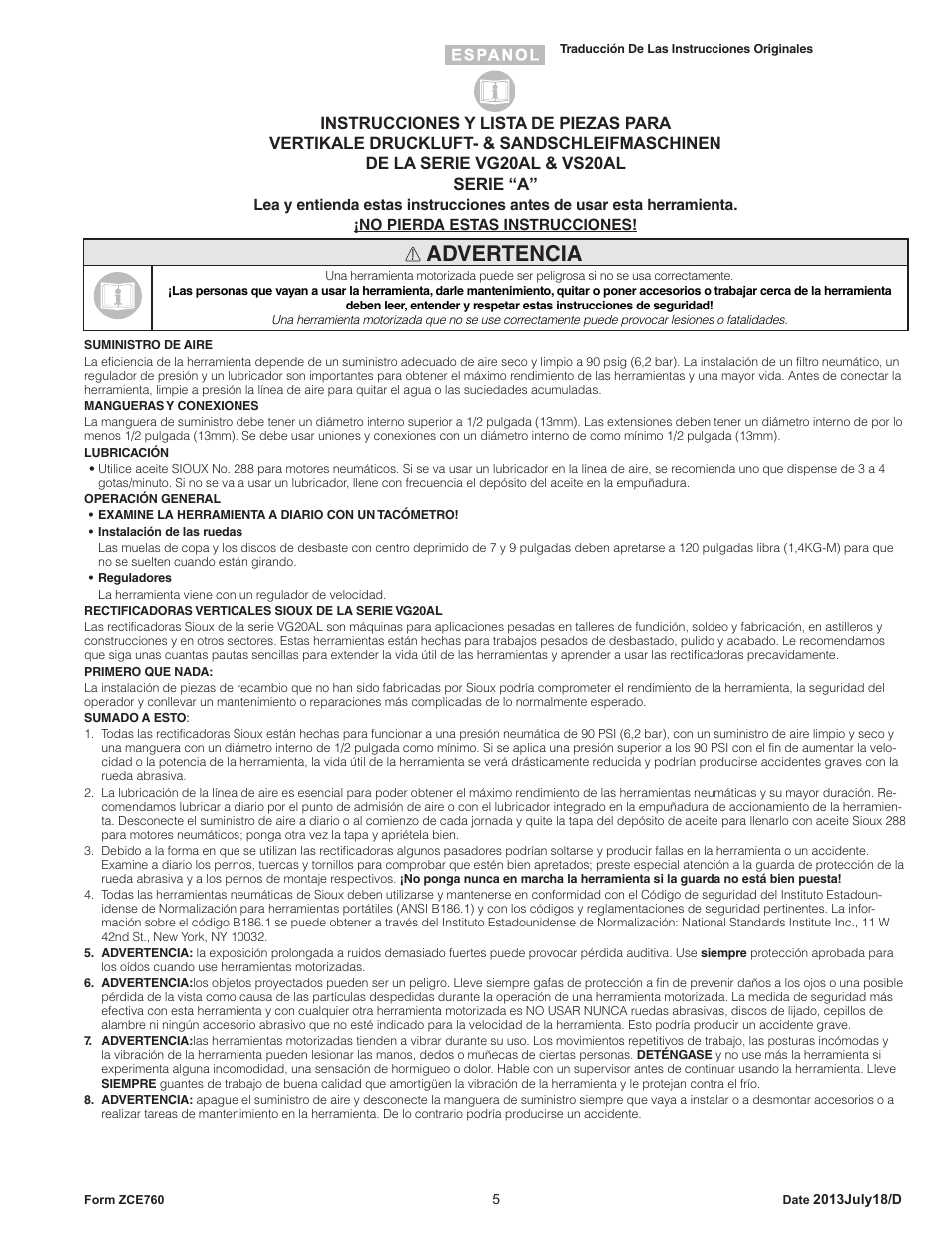 Advertencia | Sioux Tools VS20AL User Manual | Page 5 / 16