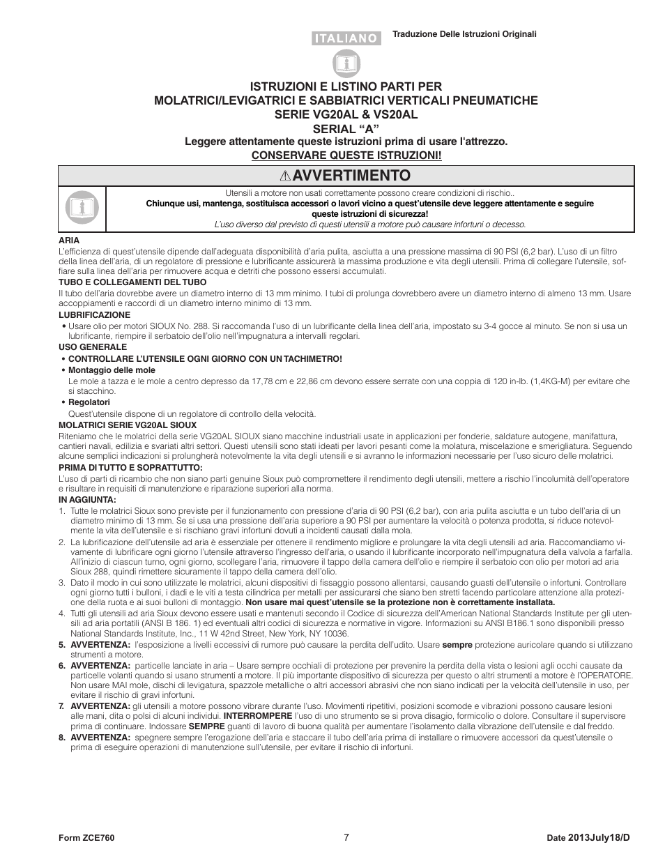 Avvertimento | Sioux Tools VS20AL User Manual | Page 7 / 16