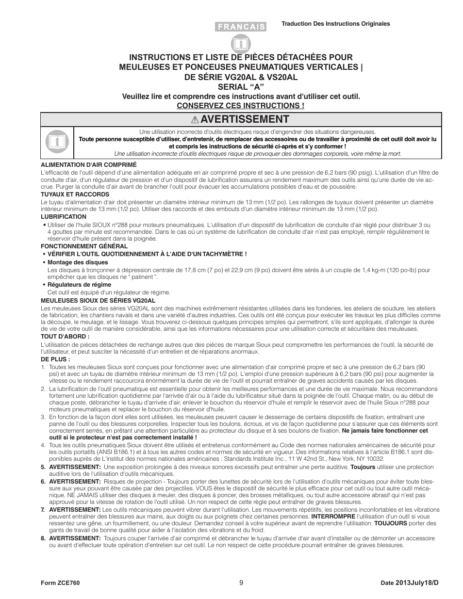Avertissement | Sioux Tools VS20AL User Manual | Page 9 / 16