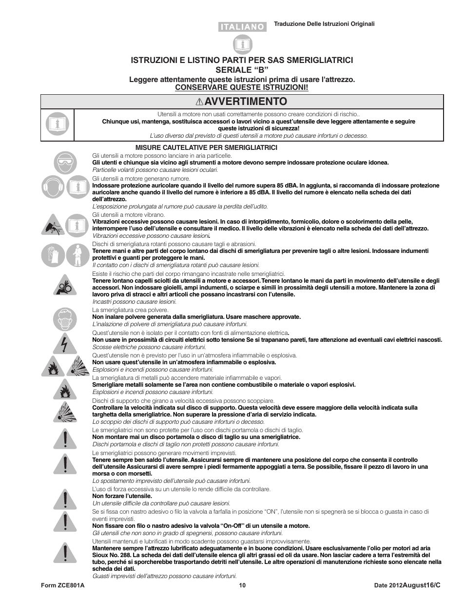 Avvertimento | Sioux Tools SAS SANDERS User Manual | Page 10 / 31