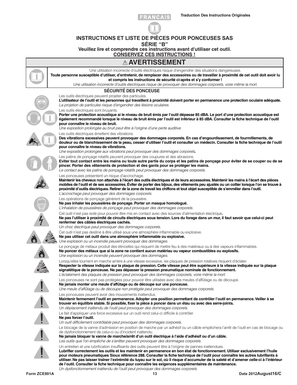 Avertissement | Sioux Tools SAS SANDERS User Manual | Page 13 / 31