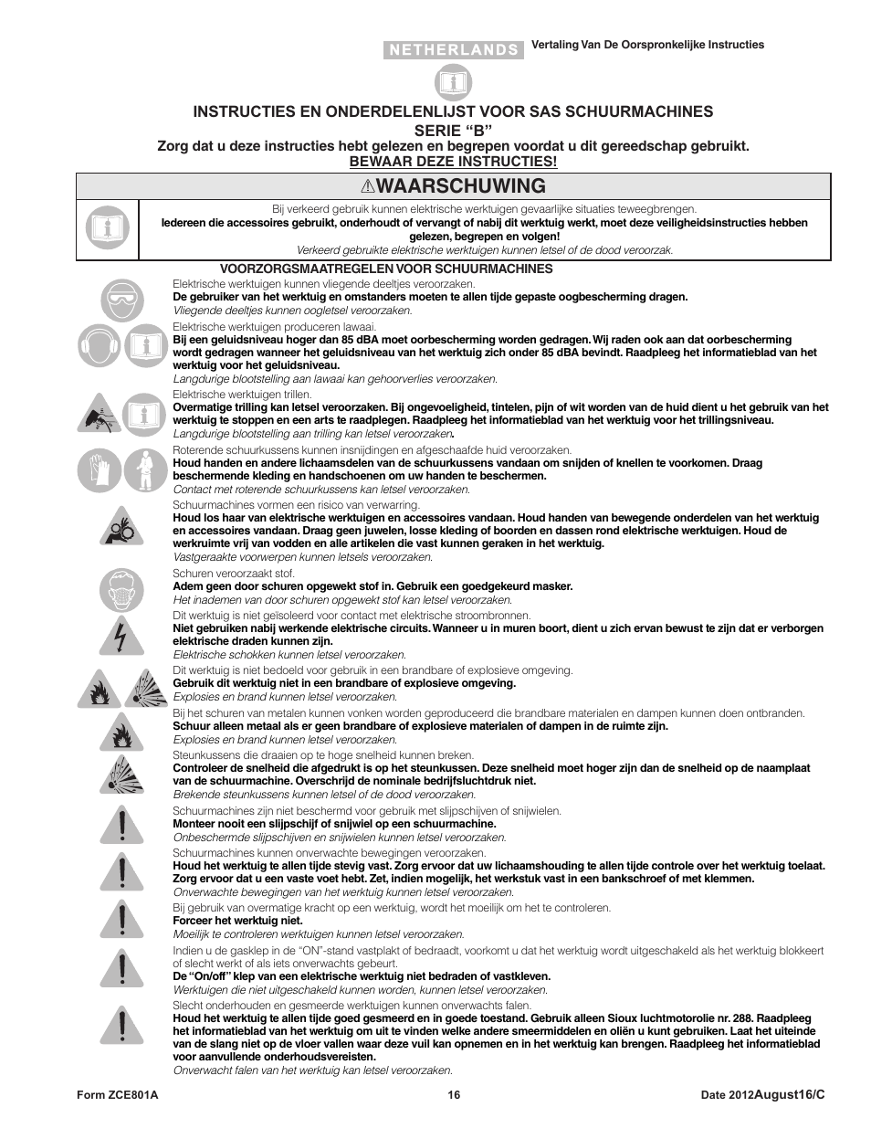 Waarschuwing | Sioux Tools SAS SANDERS User Manual | Page 16 / 31