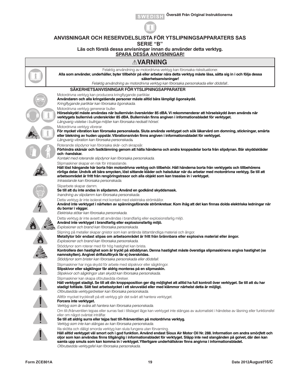 Varning | Sioux Tools SAS SANDERS User Manual | Page 19 / 31