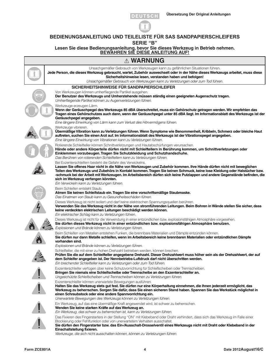 Warnung | Sioux Tools SAS SANDERS User Manual | Page 4 / 31