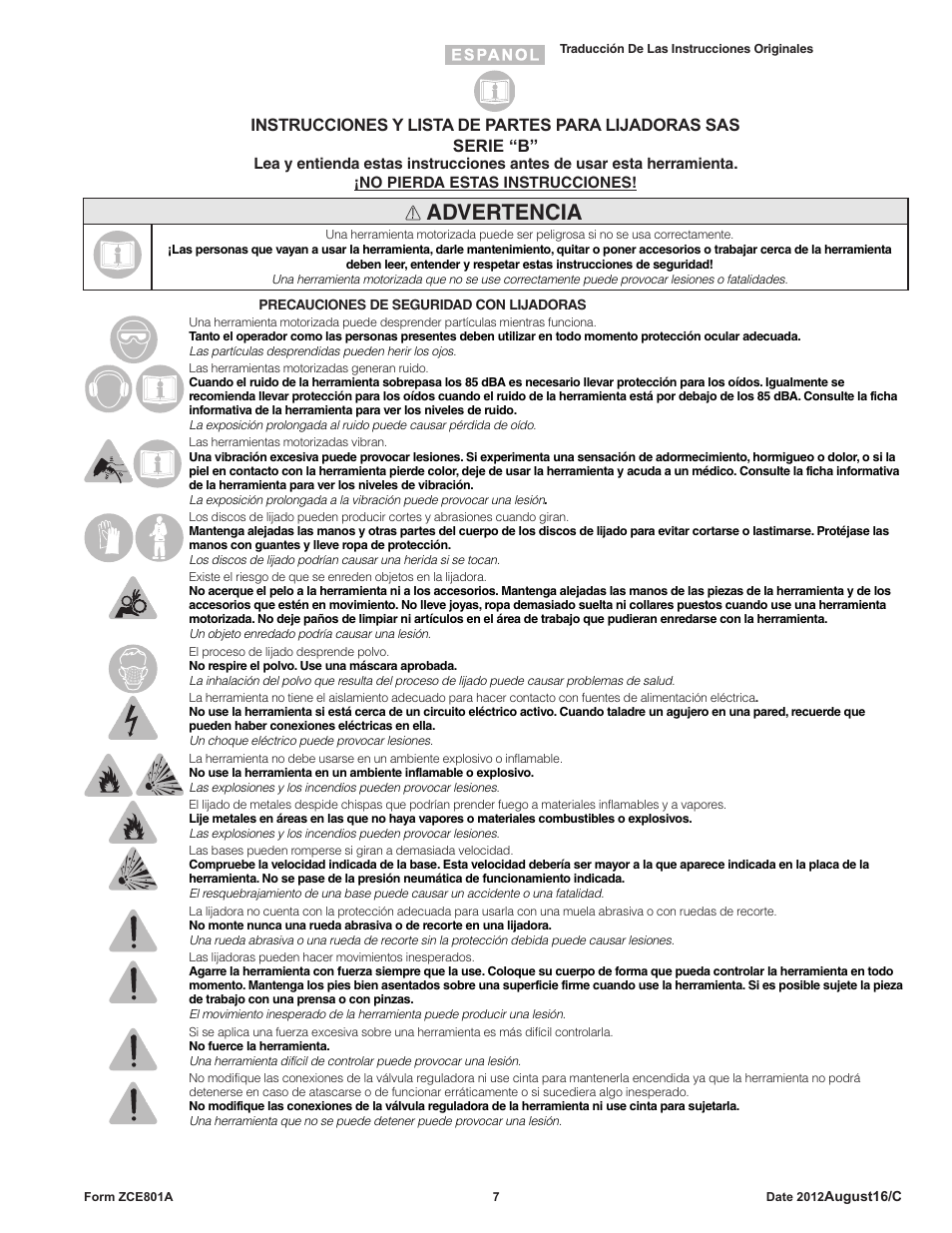 Advertencia | Sioux Tools SAS SANDERS User Manual | Page 7 / 31