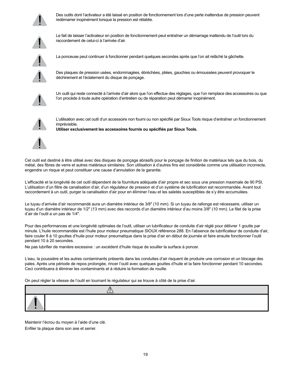 Avertissement | Sioux Tools RO2510-44FNC User Manual | Page 19 / 35