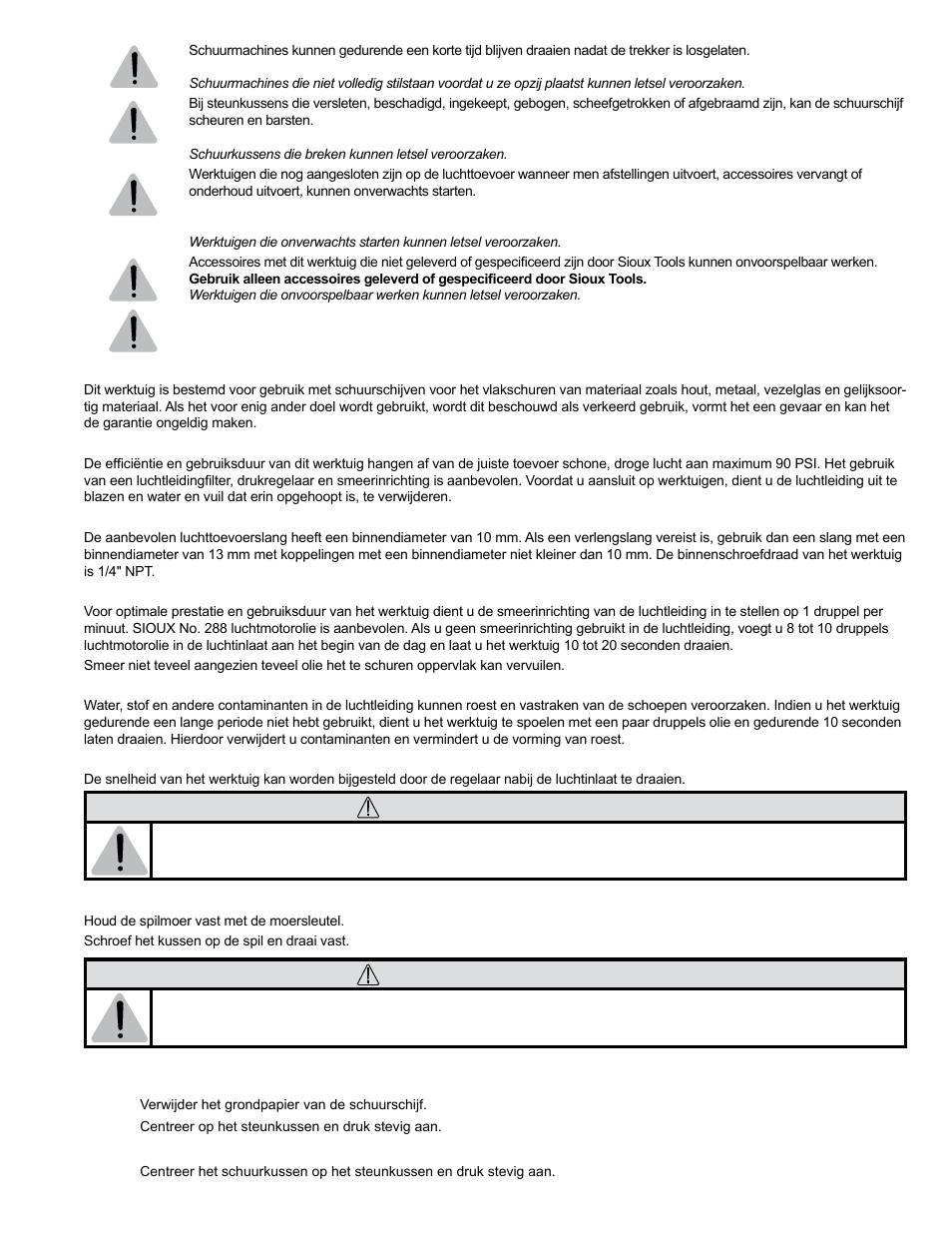 Waarschuwing | Sioux Tools RO2510-44FNC User Manual | Page 23 / 35