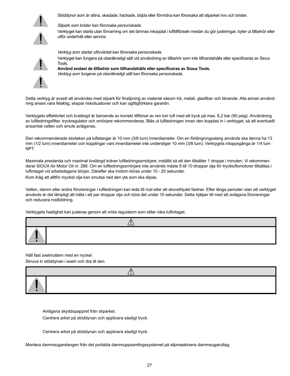 Varning | Sioux Tools RO2510-44FNC User Manual | Page 27 / 35