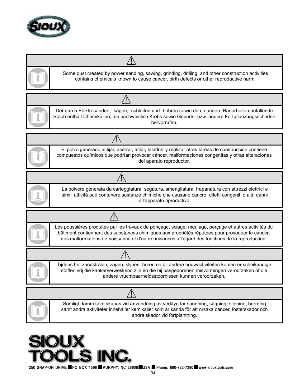 Advertencia, Avertissement, Opgepast | Varning, Warnung, Attenzione, Warning | Sioux Tools RO2510-44FNC User Manual | Page 34 / 35
