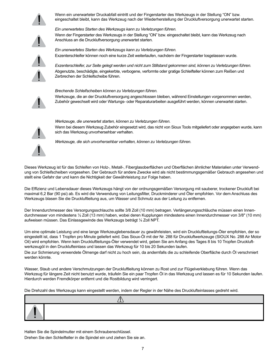 Warnung | Sioux Tools RO2510-44FNC User Manual | Page 7 / 35
