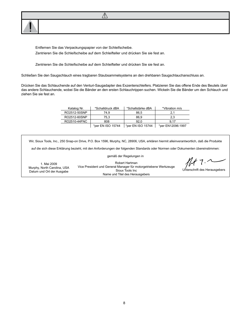 Warnung | Sioux Tools RO2510-44FNC User Manual | Page 8 / 35