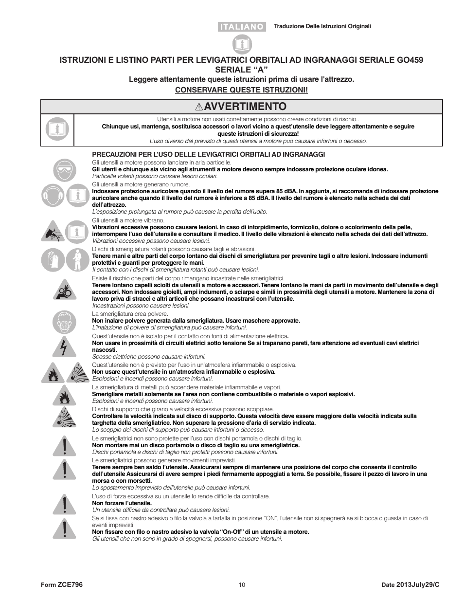 Avvertimento | Sioux Tools GO459 User Manual | Page 10 / 25