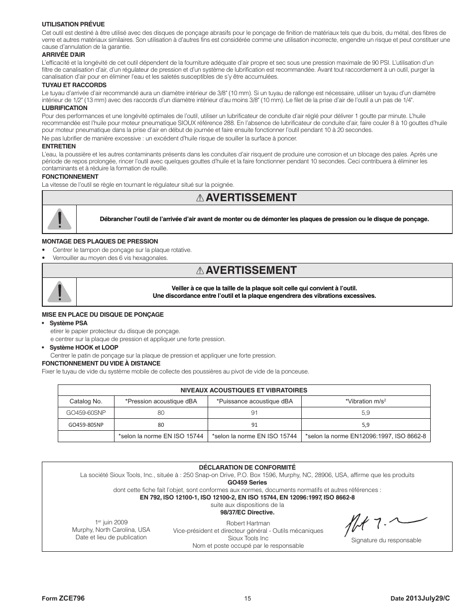 Avertissement | Sioux Tools GO459 User Manual | Page 15 / 25