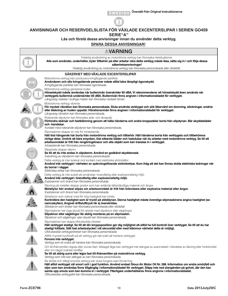 Varning | Sioux Tools GO459 User Manual | Page 19 / 25