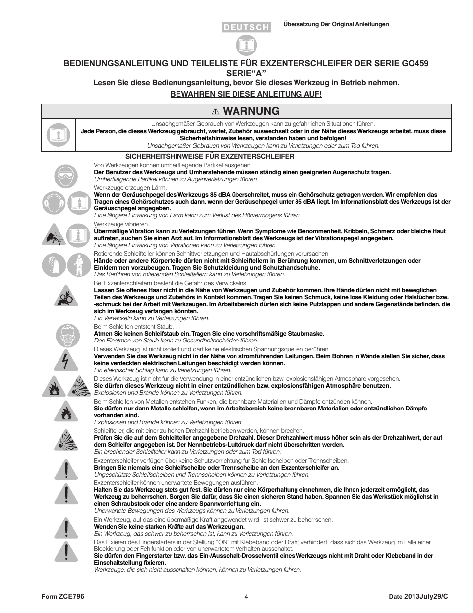 Warnung | Sioux Tools GO459 User Manual | Page 4 / 25