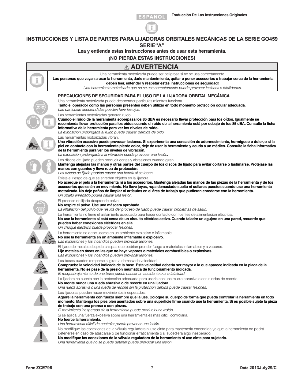 Advertencia | Sioux Tools GO459 User Manual | Page 7 / 25