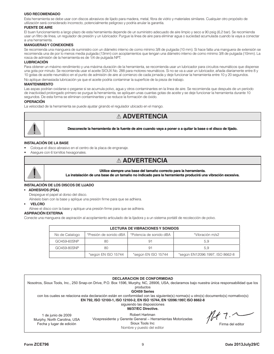 Advertencia | Sioux Tools GO459 User Manual | Page 9 / 25