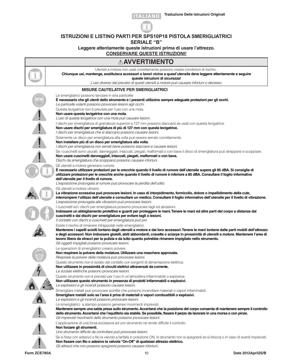 Avvertimento | Sioux Tools SPS10P18 User Manual | Page 10 / 25