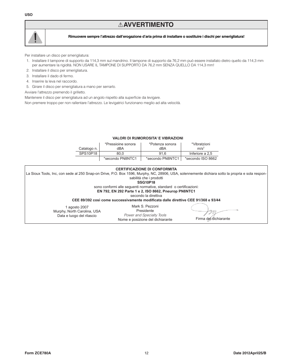 Avvertimento | Sioux Tools SPS10P18 User Manual | Page 12 / 25