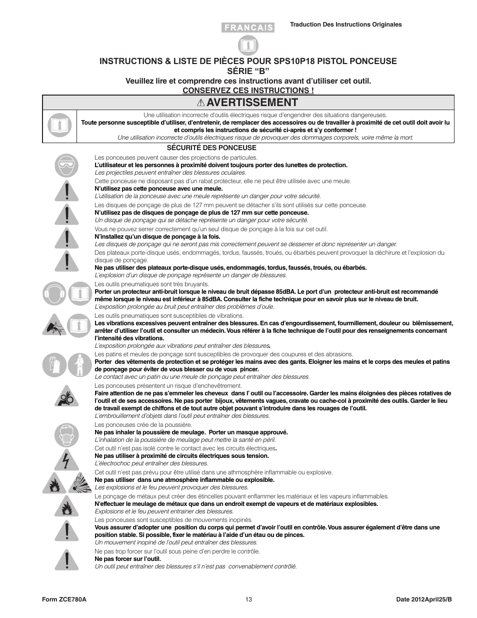 Avertissement | Sioux Tools SPS10P18 User Manual | Page 13 / 25