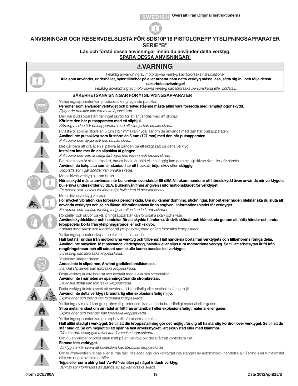 Varning | Sioux Tools SPS10P18 User Manual | Page 19 / 25