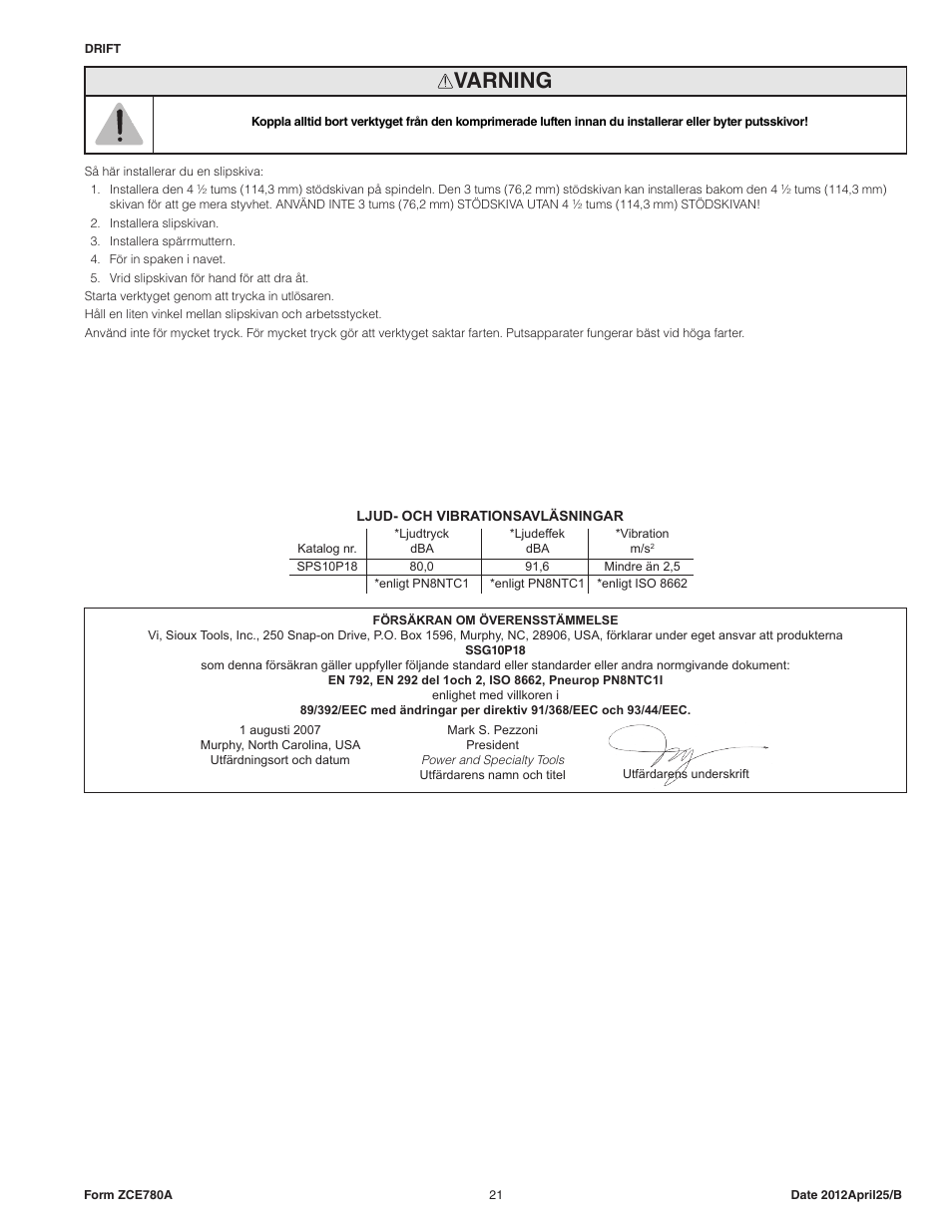 Varning | Sioux Tools SPS10P18 User Manual | Page 21 / 25