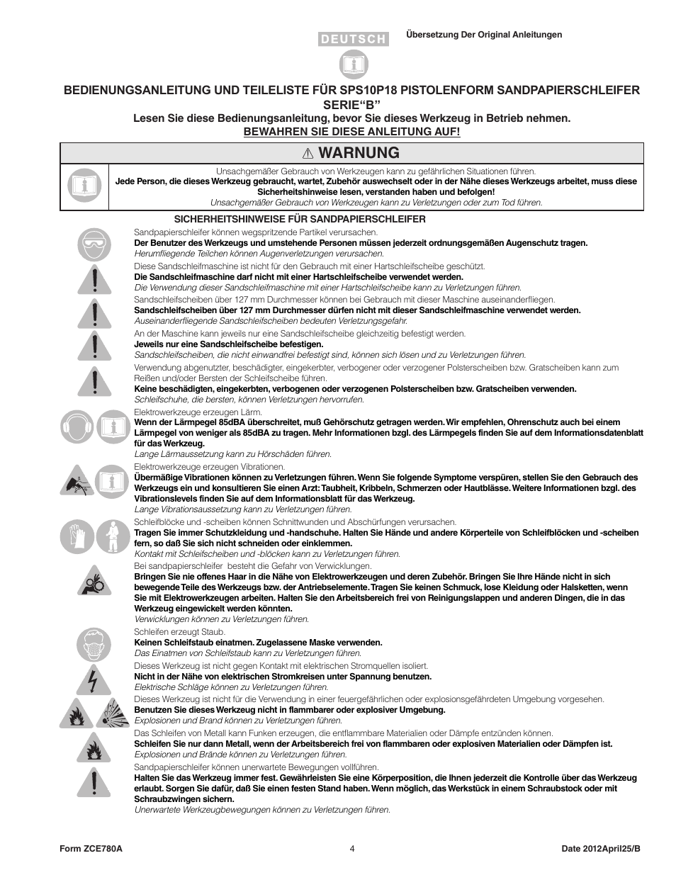 Warnung | Sioux Tools SPS10P18 User Manual | Page 4 / 25