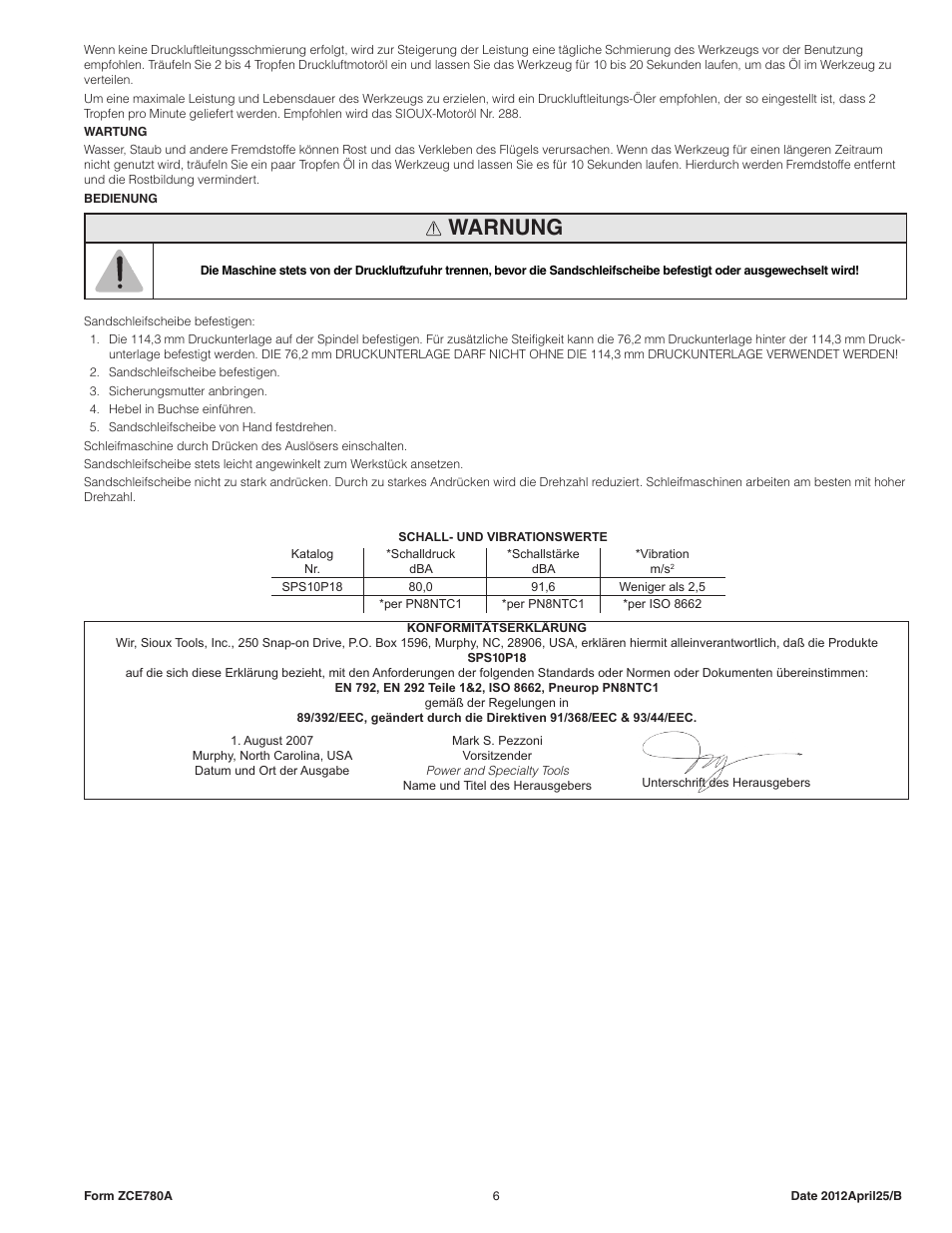 Warnung | Sioux Tools SPS10P18 User Manual | Page 6 / 25