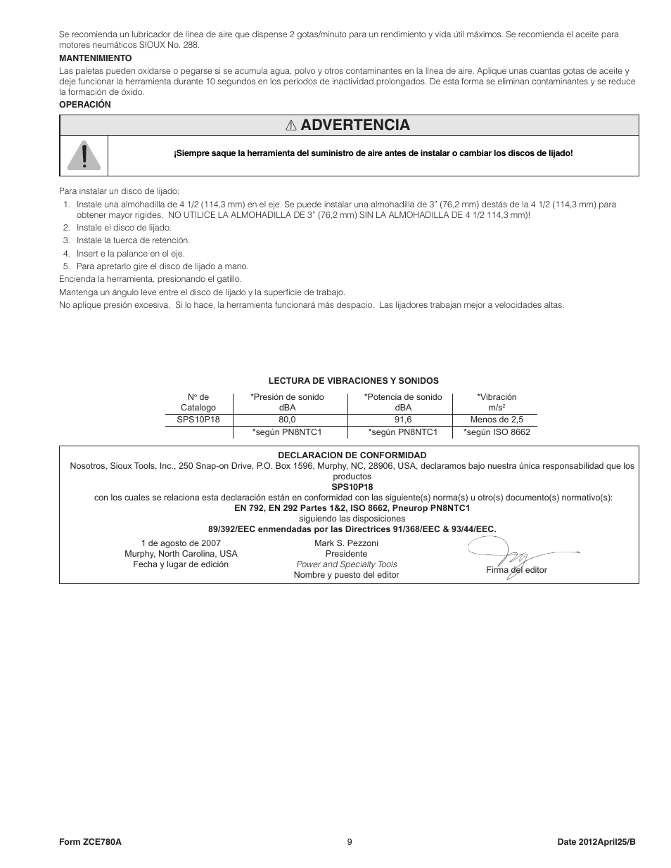 Advertencia | Sioux Tools SPS10P18 User Manual | Page 9 / 25